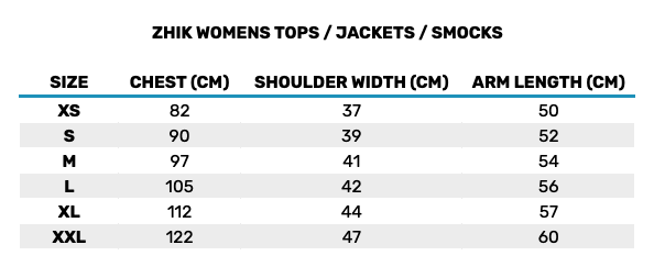 2025 Zhik Womens Tops Jacket Smocks 3 0 Gráfico do tamanho